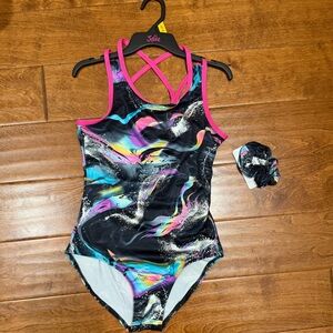 NWT size Large 12/14 Black and Colorful Swirl Leotard with Scrunchie